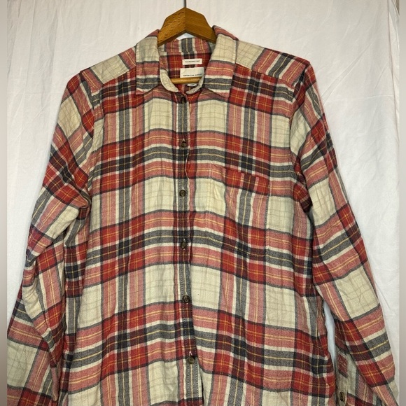 American Eagle Women Boyfriend Fit Long Sleeve Orange/Cream Plaid Flannel Large - Picture 2 of 11